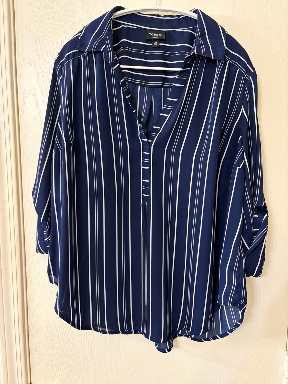 torrid Navy and White Vertical Stripe V-Neck Button-Trim Blouse